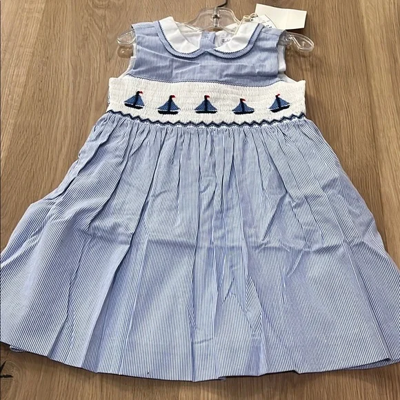 Rachel Riley Dresses | Blue Striped Kids Dress with Embroidered Detail | Color: Blue | Size: 4Y